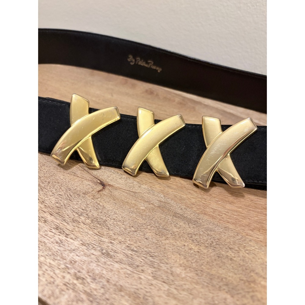Paloma Picasso Vintage 90s Black Leather Gold X Motif Belt Size L 80